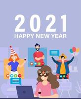 Virtual 2021 Christmas family party, New Year online meeting, videoconference during pandemic. Parents, grandparents, kids, young friends celebrating holidays at home, safe communicate by web. Vector. vector