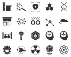 Atoms. Bioengineering glyph icons set. Biotechnology for health, researching, materials creating. Molecular biology, biomedical and molecular engineering . vector