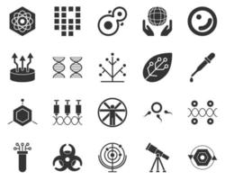 Bioinformatics. Bioengineering glyph icons set. Biotechnology for health, researching, materials creating. Molecular biology, biomedical and molecular engineering . vector