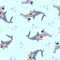 Pattern of sharks in cartoon style on a light pink background for print and design. Vector illustration.