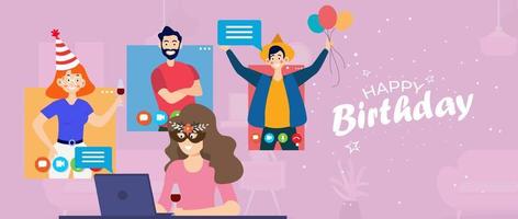 People are celebrating birthday party online on video conference. Meet with friends and drink at quarantine time. Vector flat illustration
