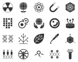 Biology, smart. Bioengineering glyph icons set. Biotechnology for health, researching, materials creating. Molecular biology, biomedical and molecular engineering . vector