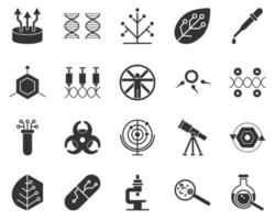 Flask, magnifier. Bioengineering glyph icons set. Biotechnology for health, researching, materials creating. Molecular biology, biomedical and molecular engineering . vector