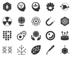 Molecules. Bioengineering glyph icons set. Biotechnology for health, researching, materials creating. Molecular biology, biomedical and molecular engineering . vector