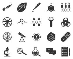 Syringe, apple. Bioengineering glyph icons set. Biotechnology for health, researching, materials creating. Molecular biology, biomedical and molecular engineering . vector