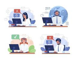 Customer service representative duties 2D vector isolated illustration set. Flat characters on cartoon background. Colorful editable scene pack for mobile, website