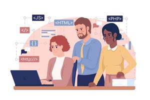 Software developers teamwork 2D vector isolated illustration. Collaborating flat characters on cartoon background. Colorful editable scene for mobile, website, presentation