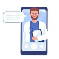 Male doctor in smartphone flat concept vector illustration. Internet medicine service. Editable 2D cartoon character on white for web design. Creative idea for website, mobile, presentation