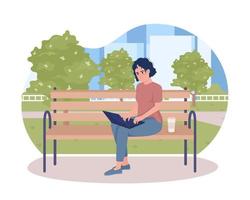 trabajar prácticamente en cualquier lugar 2d vector ilustración aislada. mujer independiente en un banco en un personaje plano del parque sobre fondo de dibujos animados. colorida escena editable para móvil, sitio web, presentación