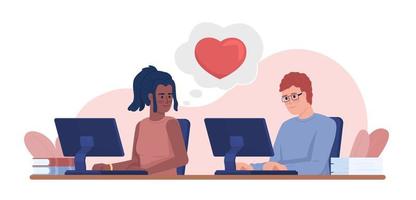 Office romance 2D vector isolated illustration. Young female employee falling in love with colleague flat characters on cartoon background. Colorful editable scene for mobile, website, presentation