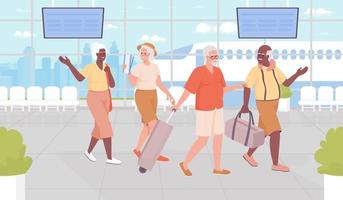 destino de viaje para jubilados ilustración de vector de color plano. felices viajeros mayores viajando juntos. personajes de dibujos animados simples en 2d totalmente editables con terminal de aeropuerto en el fondo