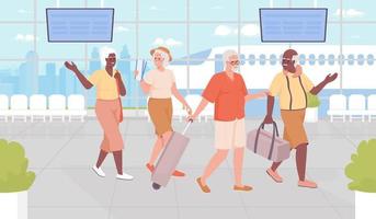 Travel destination for retirees flat color vector illustration. Happy senior travelers journeying together. Fully editable 2D simple cartoon characters with airport terminal on background