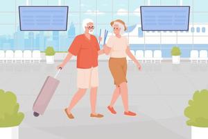 Tropical destination for seniors flat color vector illustration. Older couple going on vacation trip abroad. Fully editable 2D simple cartoon characters with airport terminal on background