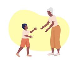 Bonding with grandma 2D vector isolated illustration. Grandmother extending hands to grandson flat characters on cartoon background. Colorful editable scene for mobile, website, presentation