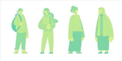 ilustración de una persona que lleva un libro y una bolsa, con un color monocromático. ilustración vectorial plana. la gente usa sarongs e hijabs. vector