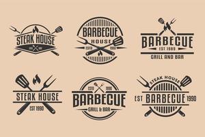 set Barbecue restaurant - minimalist logo concept. Logo of Barbecue, Grill and Bar with fire, grill fork and spatula. BBQ logo template. Grunge texture. Vector illustration