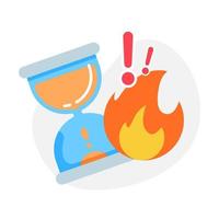 reloj de arena con fuego para fecha límite, ilustración de concepto de tiempo limitado diseño plano vector eps10. elemento gráfico moderno para página de destino, interfaz de usuario de estado vacío, infografía, icono, banner