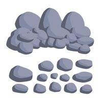 Set of stones. Pile of cobblestones. Gray geological minerals. Heavy wall construction material. Large blocks vector