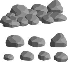 Set of gray granite stones of different shapes. Element of nature, mountains, rocks, caves. Minerals, boulder and cobble isolated on white vector