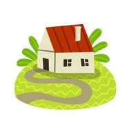 Village house. Rural is a white building with a red roof. Children drawing. Cozy home. Flat cartoon illustration vector