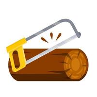 Saw cuts wood. Tool of lumberjack. Care of forest. Woodcutter operation. Harvesting of logs. Rural object. Yellow chainsaw. Flat cartoon illustration vector