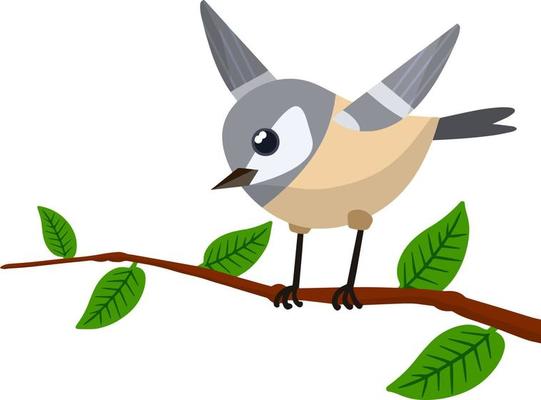 Forest grey bird sitting on a tree branch. Cute Animal with wings and green leaves. Illustration for greeting cards. Cartoon flat illustration