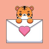 lindo tigre sosteniendo una carta de amor caricatura mascota garabato arte dibujado a mano esquema concepto vector kawaii icono ilustración