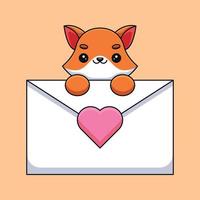 lindo zorro sosteniendo una carta de amor caricatura mascota garabato arte dibujado a mano esquema concepto vector kawaii icono ilustración