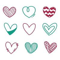 Hearts vector icon collection. Valentine's day romance symbols.  Red heart icon set. Happy Valentines day sign symbol template. Different shape. Paper and scribble line effect.
