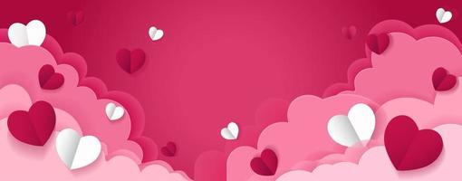 corte de papel de corazón. banner horizontal con cielo rosa y nubes cortadas en papel. lugar para el texto. plantilla de cupón o encabezado de venta de feliz día de san valentín con corazones. vector