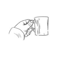 icono de la mano sosteniendo una taza de café, arte de línea dibujado a mano de la mano sosteniendo una taza de café vector