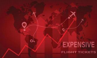 Expensive flight tickets concept background with red graphs and airplanes in the backdrop vector