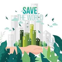 eco green. eco city . hand holds eco city save the world. vector illustration