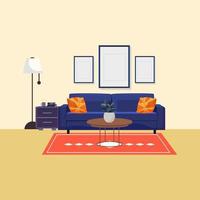 Living room interior design. Line art room in flat design. Linear vector illustration. Vintage house equipment. Home space with sofa, armchair and coffee table.