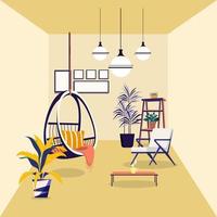 Swing chair made by rattan. plants, lamp,coffee table and many wall decoration. Cozy home interior. Vector flat cartoon illustration