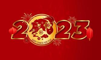 feliz año nuevo chino 2023 año del signo zodiaco conejo con fuegos artificiales, linterna, elementos asiáticos estilo dorado sobre fondo rojo vector