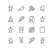 Set of grill and related icons, charcoal, bonfire, grill utensils and linear variety vectors. vector