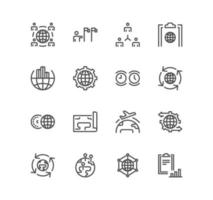 Set of global business and related icons, international partnership, outsourcing, branch office and linear variety vectors. vector