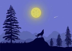 Landscape with wolf and moon silhouette vector illustration