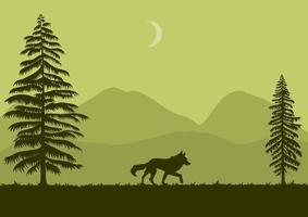 Landscape with green silhouette wolf vector illustration