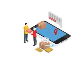 Tracking shipment worldwide search flat 3d isometric online order shipping business concept web vector illustration. World map and box route . Creative people collection.