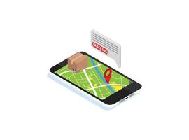 Delivery app isometric illustration. E-commerce. Track service. Truck shipping. Global online navigation. Delivery tracking infographic. Smartphone app, web, banner design. Isolated vector