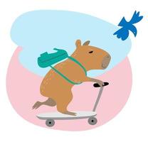 Cute capybara rides a scooter with a backpack vector