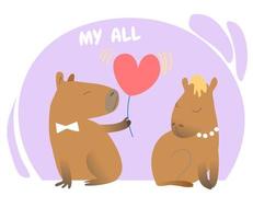 Greeting card with cute capibaras in love, cartoon flat vector illustration. Valentines day