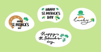 feliz día de san patricio, letras a mano, hoja de trébol de trébol. conjunto de concepto de tarjeta de felicitación festiva vector