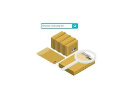 Parcel package order tracking flat 3d isometry isometric business online store shop delivery concept web vector illustration. Big box on magnifier and micro customers. Creative people