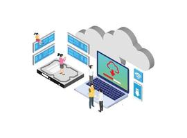 Internet datacenter connection, administrator of web hosting concept. Character and text for services. Tech repair center hardware software database for safe server. Flat isometric vector illustration