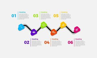 Business infographic design template with 6 or six steps, options or processes. Creative infographic vector elements design. Can be used for process presentations, flow chart, info graph