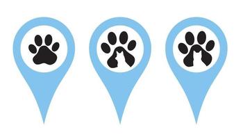 Location pin set. Pins indicating the location of a veterinary clinic, pet store, animal care center. Badges with paw prints, a silhouette of a dog and a cat. Vector illustration in a flat style.