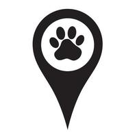 Paw print in map pointer graphic icon. Vet clinic or pet products location sign isolated on white background. Vector illustration